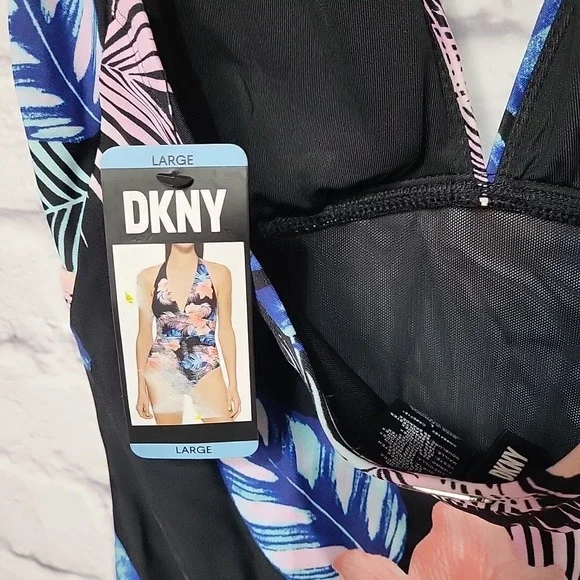DKNY Women's Large One Piece Tummy‎ Control Swimsuit Black Floral Print Halter - Picture 4 of 7